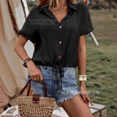 Cămașă în stil cardigan, bumbac roman respirabil și Spandex, model 3D, stil retro, mâneci scurte, guler de cămașă, nasturi pe un rând