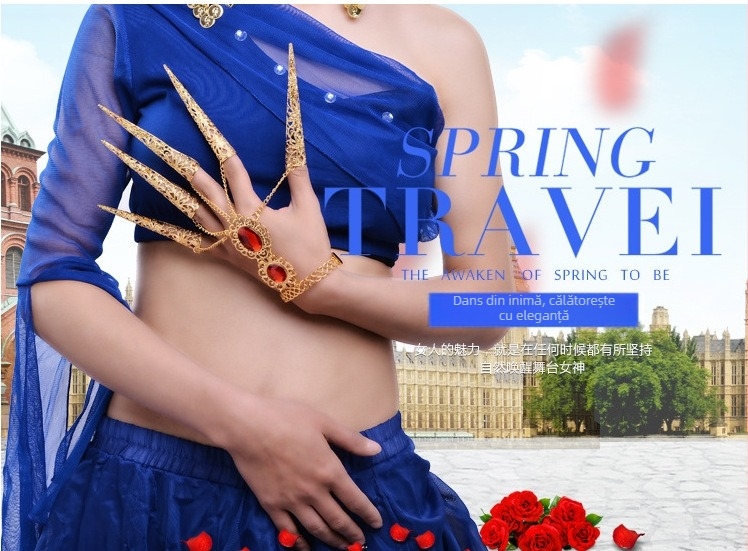 Costum de dans în stil etnic Xinjiang pentru Belly Dance, cu set de unghii Thousand-Hand Guanyin, țesătură Spandex și accente metalice — pentru femei, primăvară 2023