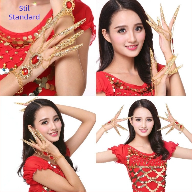 Costum de dans în stil etnic Xinjiang pentru Belly Dance, cu set de unghii Thousand-Hand Guanyin, țesătură Spandex și accente metalice — pentru femei, primăvară 2023