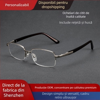 Ochelari de citit, lentile din acril, ramă din aliaj de titan, ramă semiîncadrată, formă pătrată, pentru vedere la aproape și la distanță
