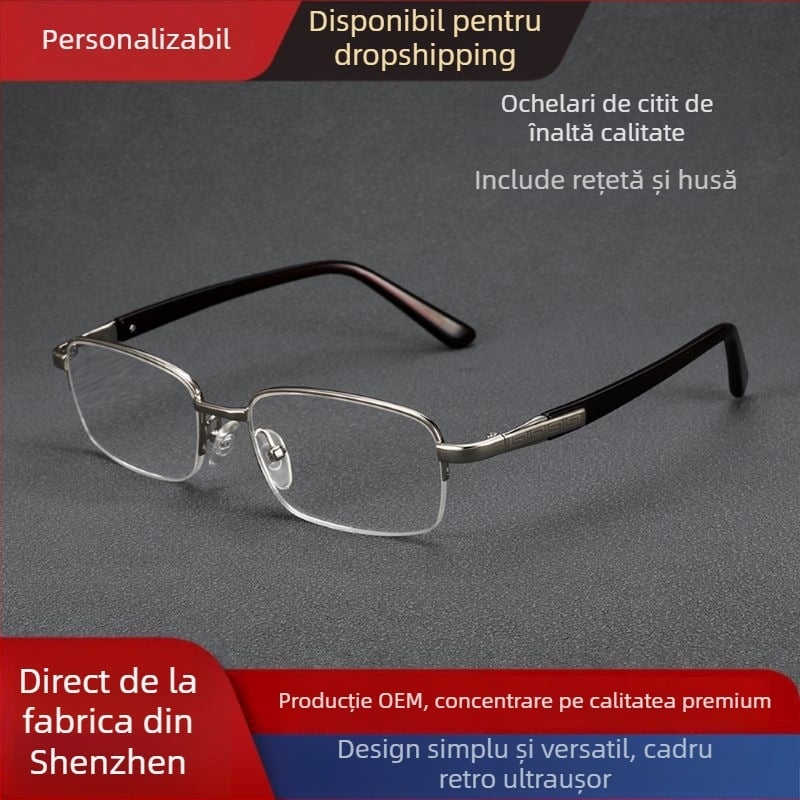 Ochelari de citit, lentile din acril, ramă din aliaj de titan, ramă semiîncadrată, formă pătrată, pentru vedere la aproape și la distanță