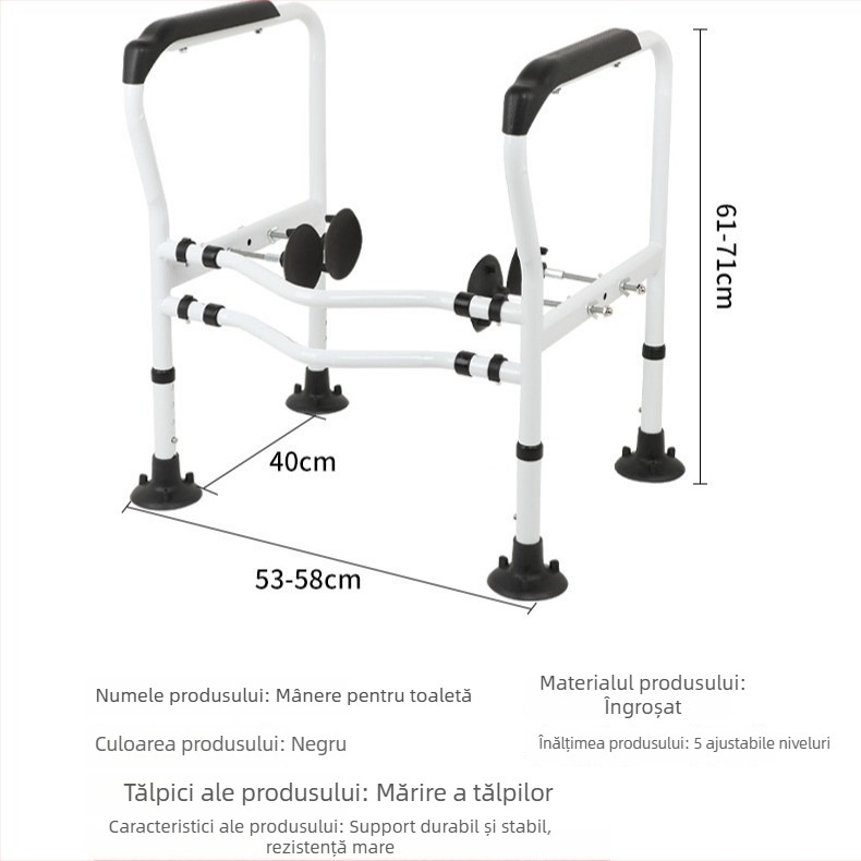 Bară de sprijin pentru toaletă cu ventuză, fără găuri, pentru persoanele în vârstă și însărcinate, oțel carbon, stil modern minimalist, capacitate de încărcare 400