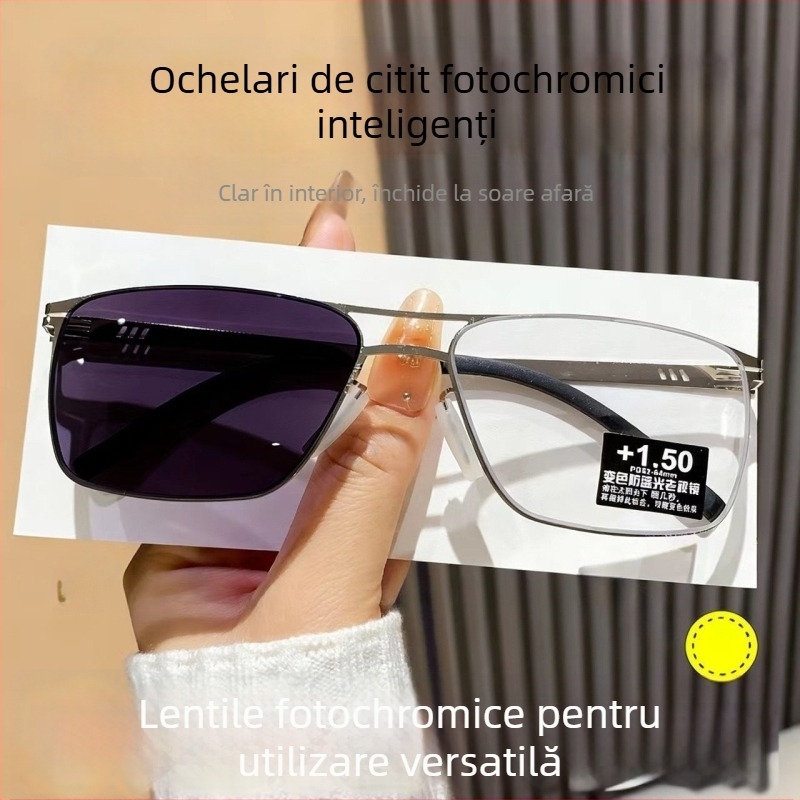 Ochelari de citit cu lentile fotocromice multifocale, ramă fără cadru, ramă rotundă, construcție TR+metal, pentru adulți, față ovală, primăvara 2025