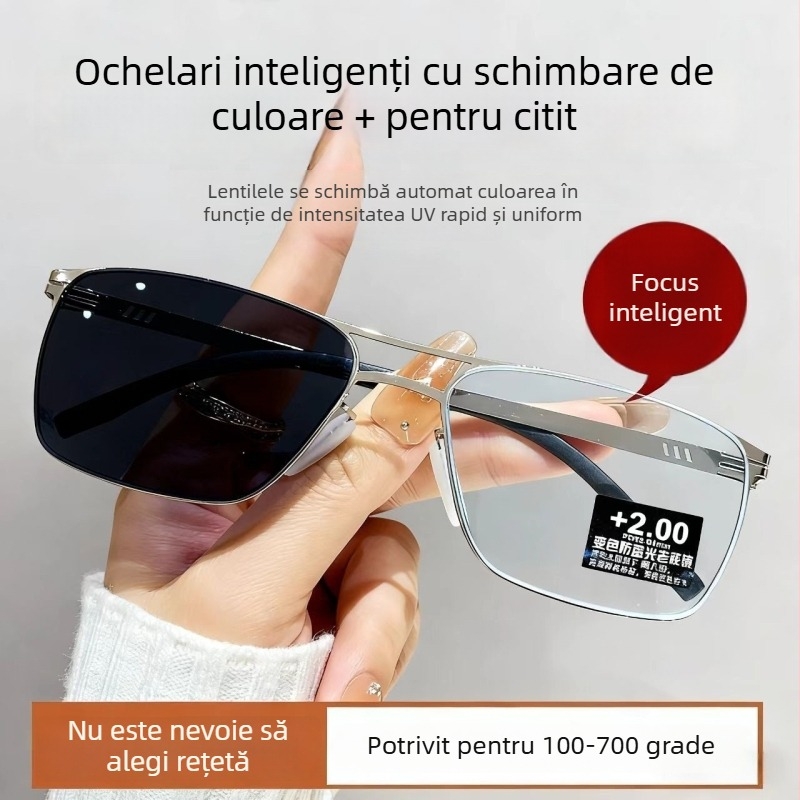 Ochelari de citit cu lentile fotocromice multifocale, ramă fără cadru, ramă rotundă, construcție TR+metal, pentru adulți, față ovală, primăvara 2025