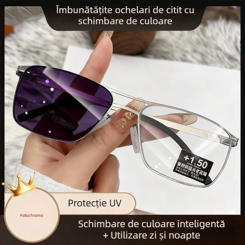 Ochelari de citit cu lentile fotocromice multifocale, ramă fără cadru, ramă rotundă, construcție TR+metal, pentru adulți, față ovală, primăvara 2025