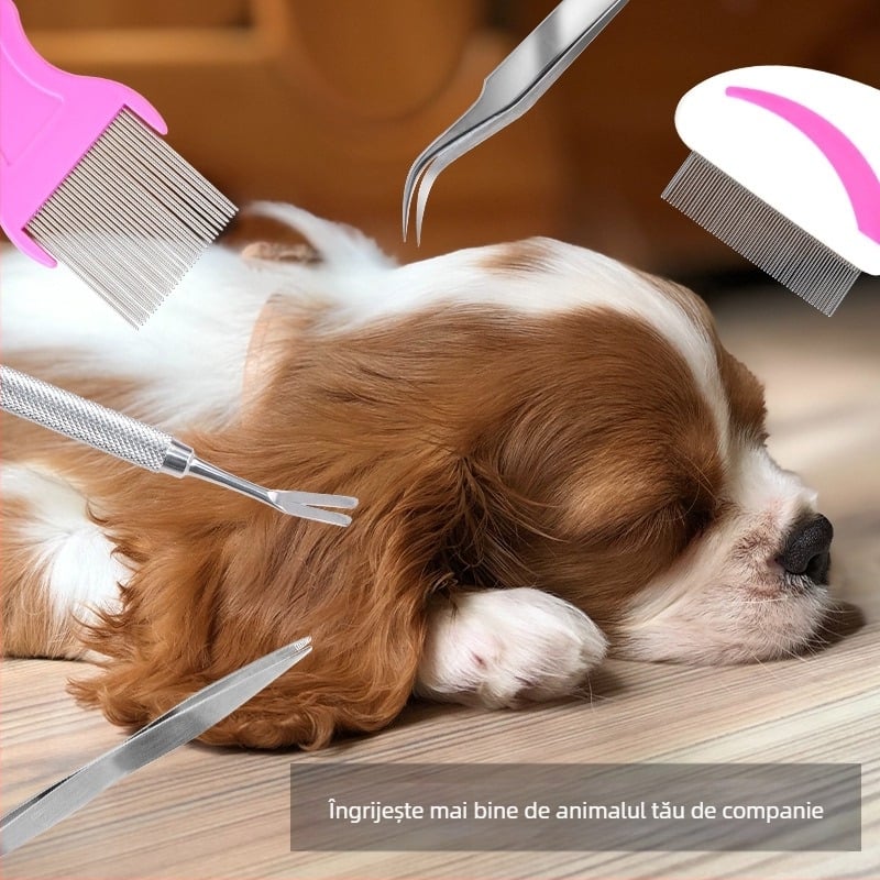 Shunchi Instrument de îngrijire pentru animale din oțel inoxidabil – Pieptene descurcător pentru câini și pisici, îndepărtarea puricilor și căpușelor