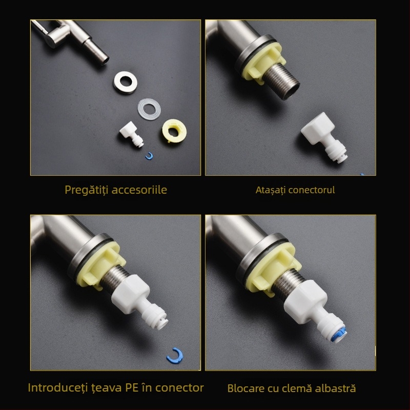 Robinet pentru apă purificată, bucătărie, oțel inoxidabil, miez ceramic al valvei, montaj tip șa, construcție cu articulație unică