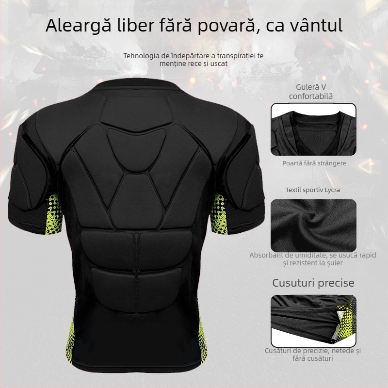 Echipament de protecție din spandex cu mâneci scurte, cu protecție la talie și umeri pentru adulți, destinat fotbal, rugby, hochei pe gheață, paintball și tir