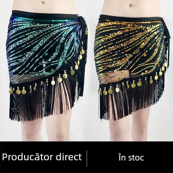 Centură talie pentru belly dance cu ciucuri și șal cu paiete, Primăvara 2025, poliester >95%, broderie, stil sexy urban