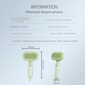 Unealtă de îngrijire a blănii pentru animale de companie — ABS + oțel inoxidabil; periaj automat pentru pisici și câini; îndepărtare păr plutitor