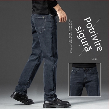 Jeanși de denim pentru bărbați, drepti, talie medie, fermoar, căptușire din fleece