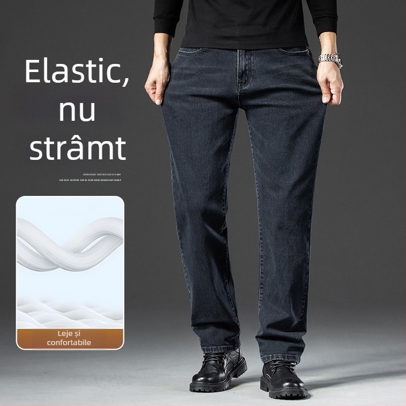 Jeanși de denim pentru bărbați, drepti, talie medie, fermoar, căptușire din fleece