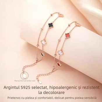 Brățară S925 din argint cu agat, trifoi cu patru foi, design cu două straturi, stil lux ușor
