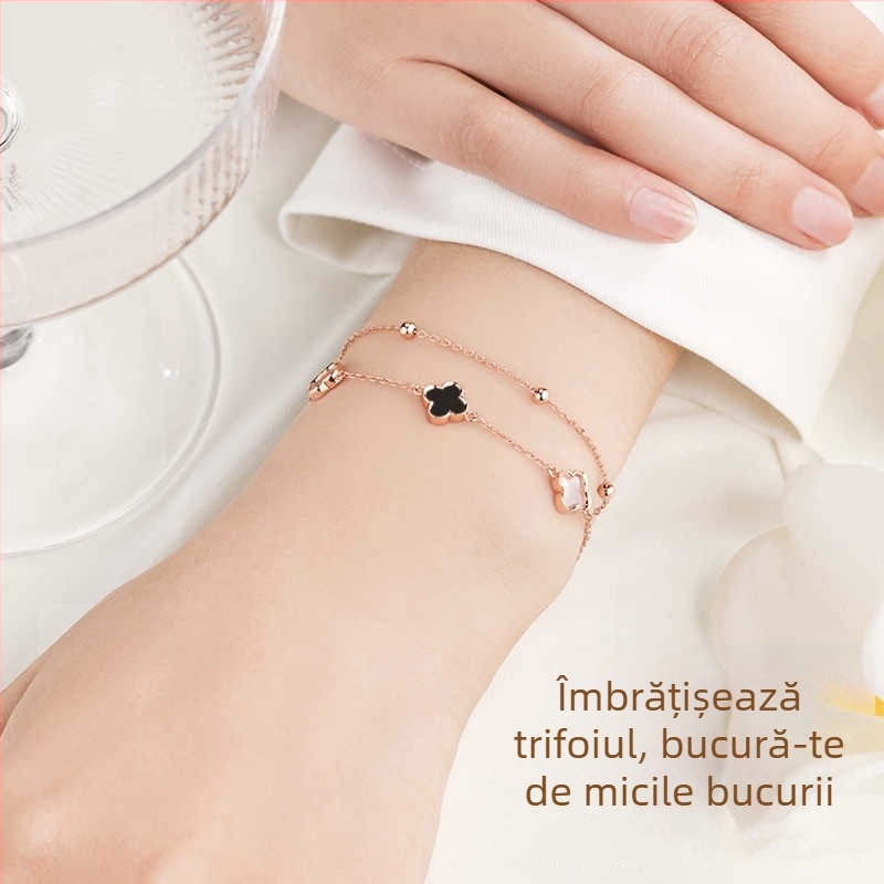 Brățară S925 din argint cu agat, trifoi cu patru foi, design cu două straturi, stil lux ușor