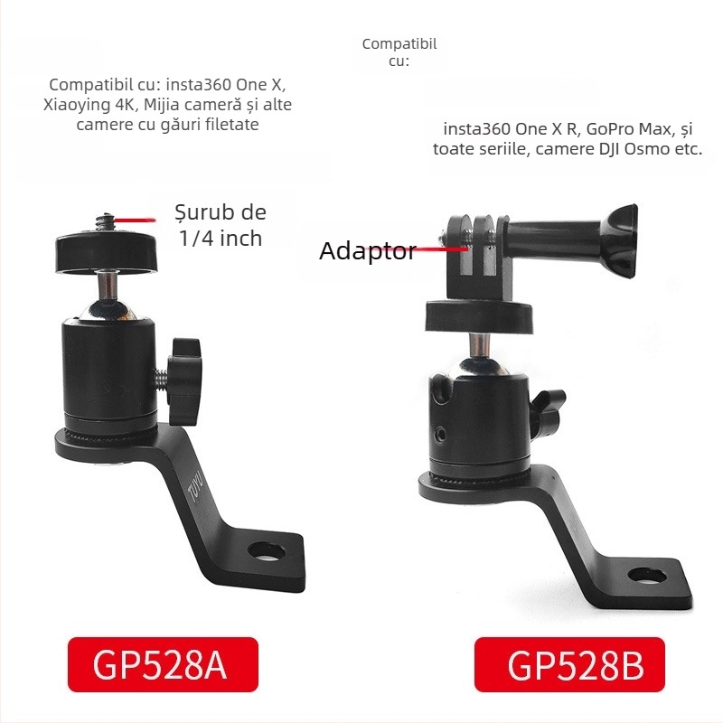 Tartă pentru camere de acțiune, aliaj de aluminiu + ABS, compatibilă cu Insta360 One X R și alte camere de mișcare, accesoriu pentru oglinda retrovizoare motocicletă