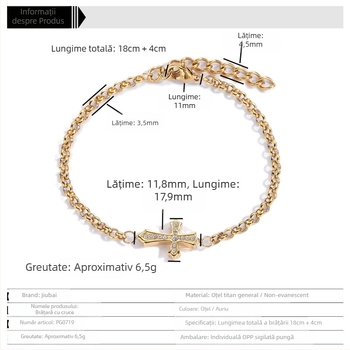 Brățară unisex cu cruce din oțel de titan, cu inserție de diamant, placare electroplatinată, stil ins