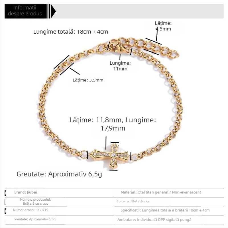 Brățară unisex cu cruce din oțel de titan, cu inserție de diamant, placare electroplatinată, stil ins