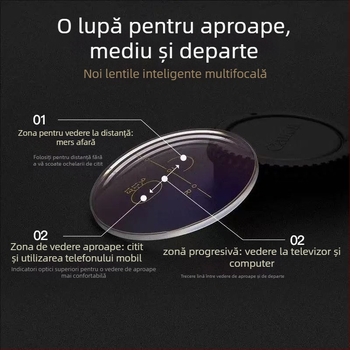 Ochelari de citit cu lentile progresive cu focalizare dublă pentru distanță și aproape, lentile fotokromice și protecție împotriva luminii albastre.