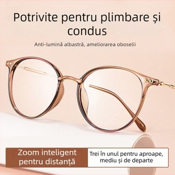 Ochelari de citit cu lentile din rășină, multifocale, anti-lumină albastră, cadru complet TR90, design rotund, pentru miopie.