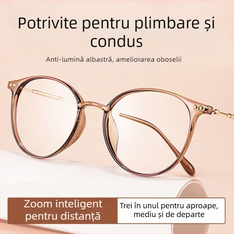Ochelari de citit cu lentile din rășină, multifocale, anti-lumină albastră, cadru complet TR90, design rotund, pentru miopie.