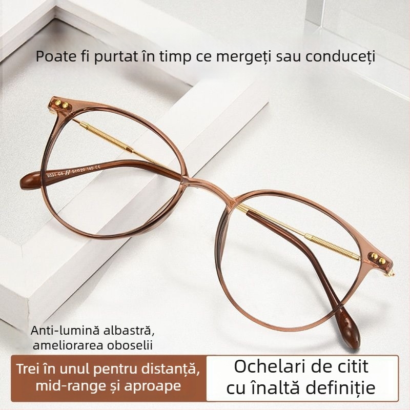 Ochelari de citit cu lentile din rășină, multifocale, anti-lumină albastră, cadru complet TR90, design rotund, pentru miopie.