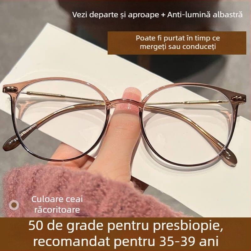 Ochelari de citit cu lentile din rășină, multifocale, anti-lumină albastră, cadru complet TR90, design rotund, pentru miopie.