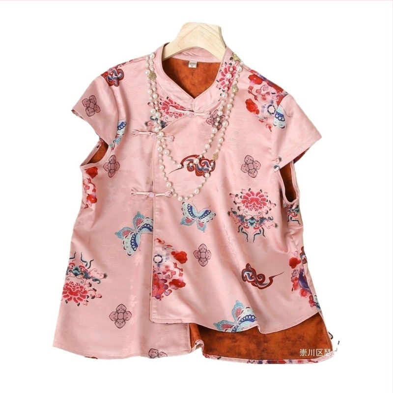 Cămașă cu guler înalt, nasturi pe bandă oblică, mâneci scurte, imprimeu 3D