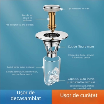 Drenaj chiuvetă cu tip apăsare, nucleu anti-odor, cupru, CNC prelucrare, instalare directă, stil modern minimalist