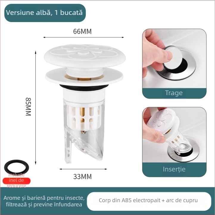 Drenaj chiuvetă cu tip apăsare, nucleu anti-odor, cupru, CNC prelucrare, instalare directă, stil modern minimalist