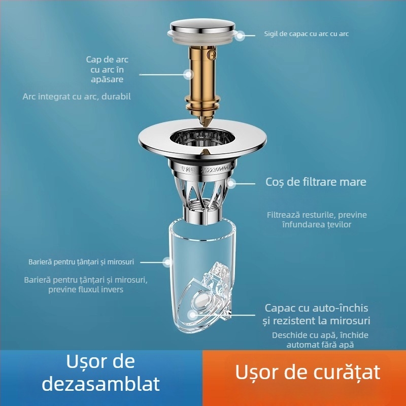 Drenaj chiuvetă cu tip apăsare, nucleu anti-odor, cupru, CNC prelucrare, instalare directă, stil modern minimalist