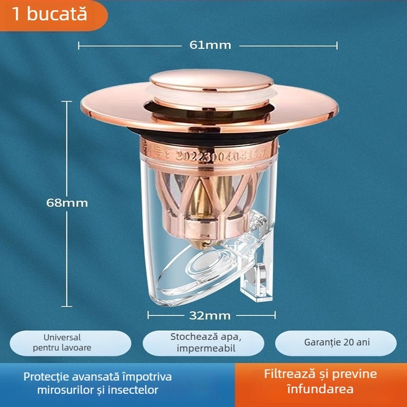 Drenaj chiuvetă cu tip apăsare, nucleu anti-odor, cupru, CNC prelucrare, instalare directă, stil modern minimalist