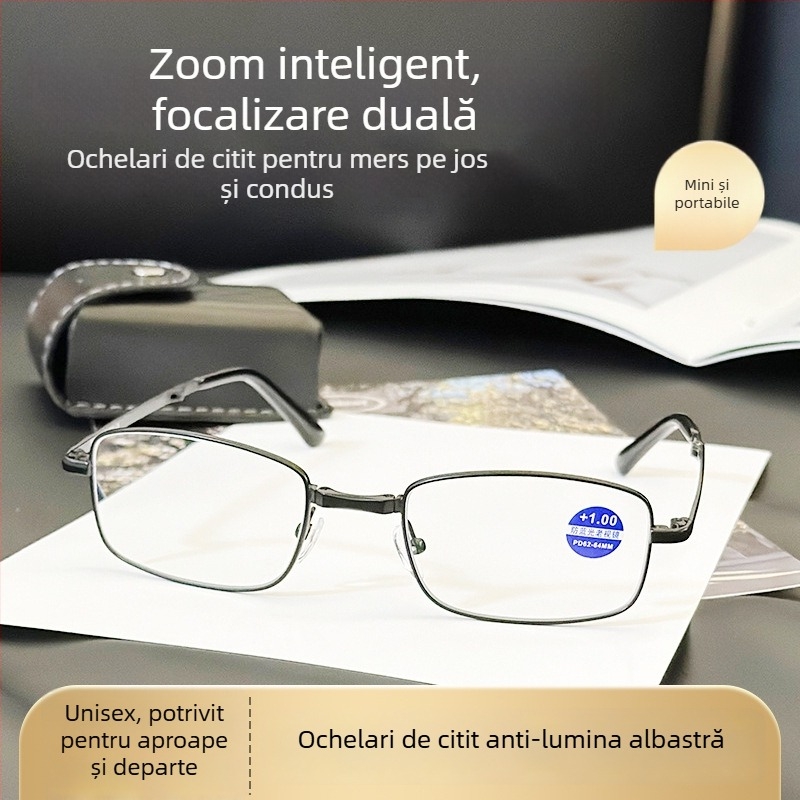Ochelari presbiopici pliabili, ultra ușori, protecție împotriva luminii albastre, ramă metalică retro portabilă