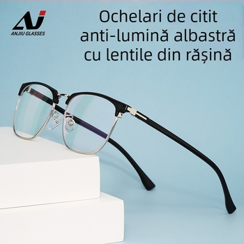 Ochelari de lectura cu ramă TR din metal, lentile din rășină, anti-lumină albastră, cadru integral, suport pentru vedere de aproape