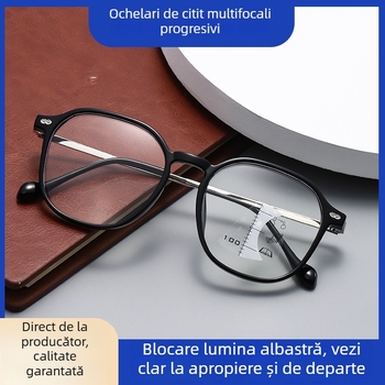 Ochelari de citit cu lentile multifocale, lentile PC, ramă rotundă, ramă din plastic-metal pentru vârstnici