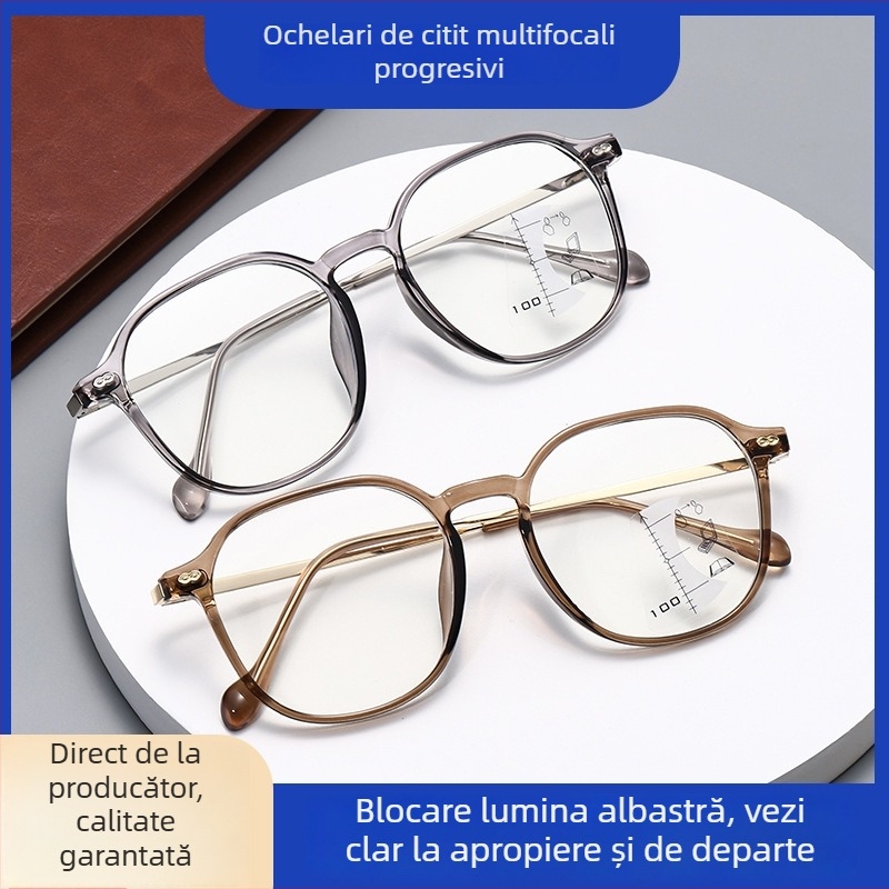 Ochelari de citit cu lentile multifocale, lentile PC, ramă rotundă, ramă din plastic-metal pentru vârstnici
