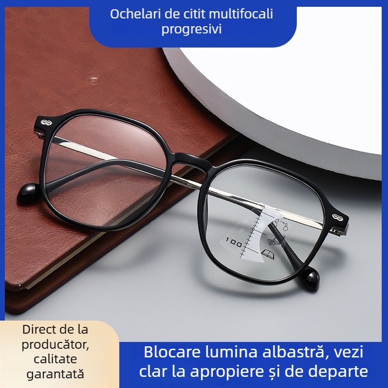 Ochelari de citit cu lentile multifocale, lentile PC, ramă rotundă, ramă din plastic-metal pentru vârstnici