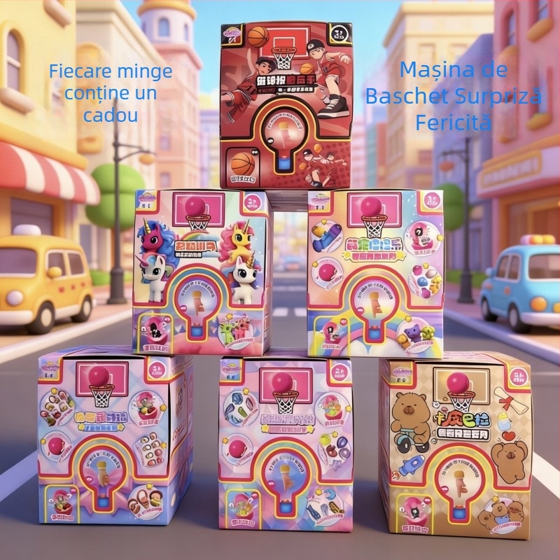 Jucărie capsule baschet într-o cutie secretă, cu figuri desenate, joc cu degetele și aparat de aruncare la baschet