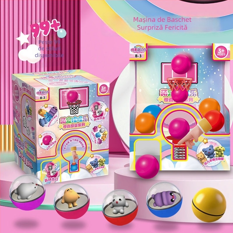 Jucărie capsule baschet într-o cutie secretă, cu figuri desenate, joc cu degetele și aparat de aruncare la baschet