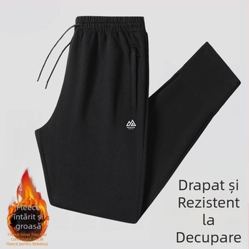 Pantaloni casual bărbați cu fleece, croială dreaptă, talie medie cu curea, toamnă, amestec de poliester