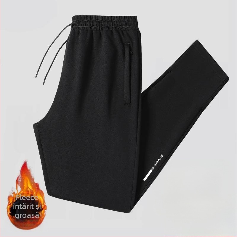 Pantaloni casual bărbați cu fleece, croială dreaptă, talie medie cu curea, toamnă, amestec de poliester