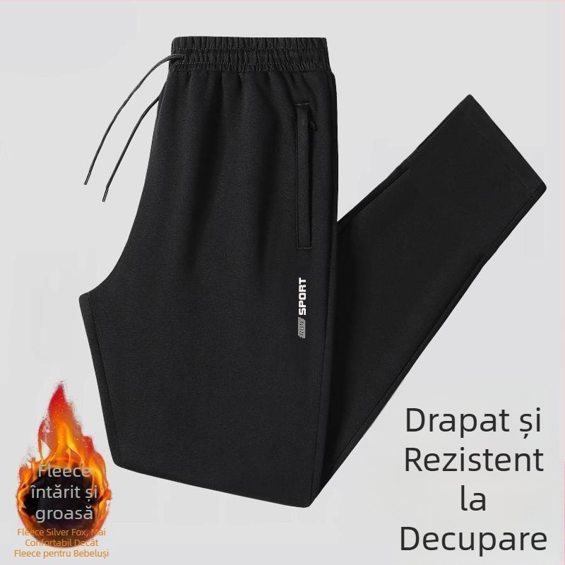 Pantaloni casual bărbați cu fleece, croială dreaptă, talie medie cu curea, toamnă, amestec de poliester