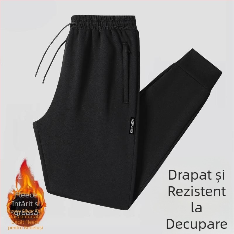 Pantaloni casual bărbați cu fleece, croială dreaptă, talie medie cu curea, toamnă, amestec de poliester