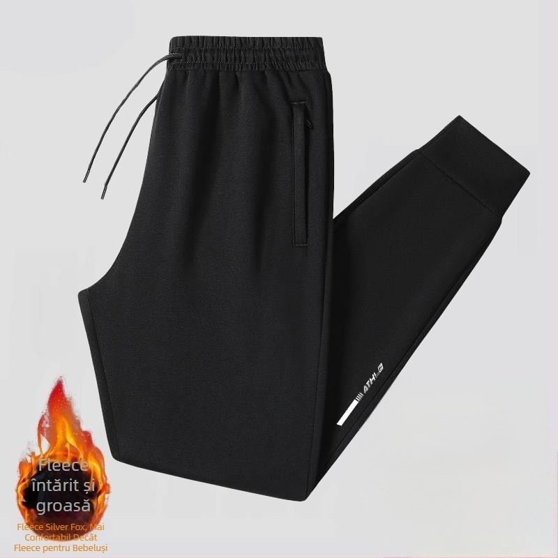 Pantaloni casual bărbați cu fleece, croială dreaptă, talie medie cu curea, toamnă, amestec de poliester