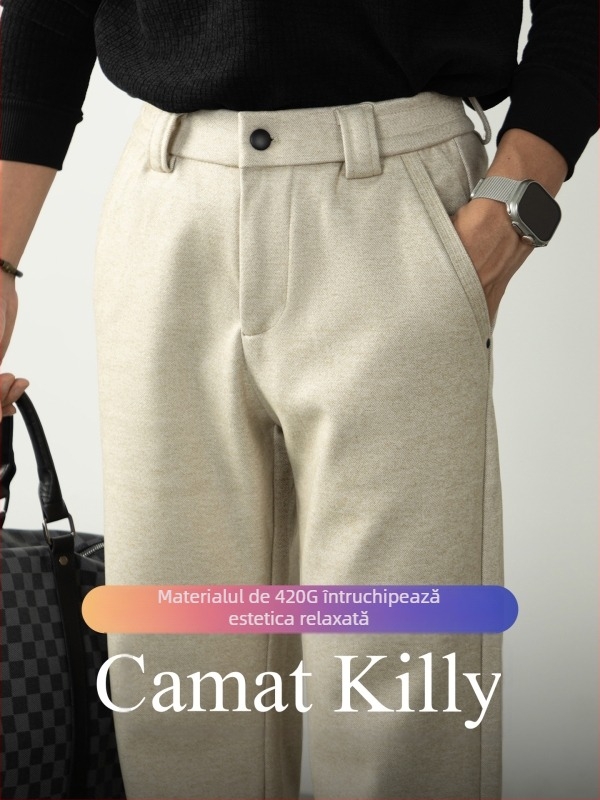 Pantaloni de costum pentru bărbați, croială dreaptă, țesătură groasă de iarnă, rezistenți la cute, cu curea