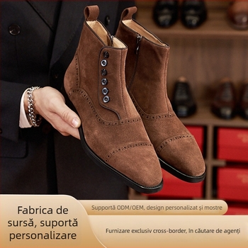 Ghete Chelsea din piele pentru bărbați, în stil britanic, pentru iarnă; vârf pătrat; talpă din cauciuc; toc mic 1–3 cm; fermoar lateral; căptușeală și branț din piele de porc.