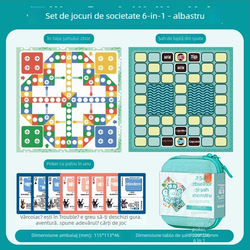 Set portabil 6-în-1 pentru copii de la Yulefang: Flying Chess, Gomoku, Jungle Chess, Checkers, Chinese Chess; piese din plastic, geantă inclusă, joc interactiv de puzzle