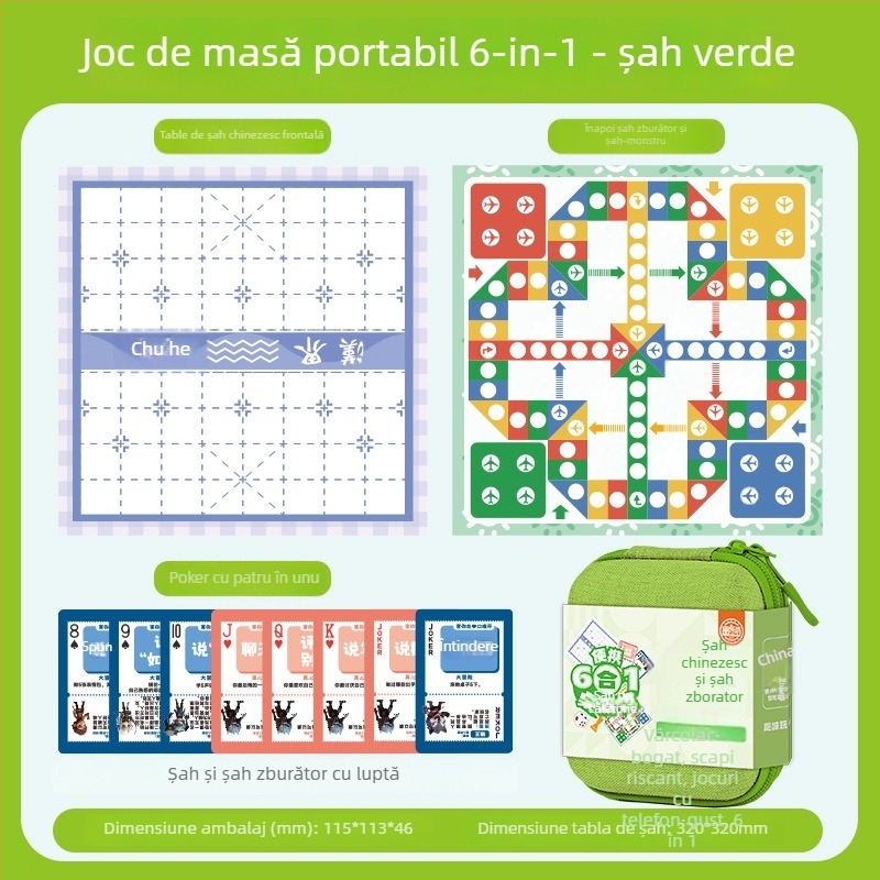Set portabil 6-în-1 pentru copii de la Yulefang: Flying Chess, Gomoku, Jungle Chess, Checkers, Chinese Chess; piese din plastic, geantă inclusă, joc interactiv de puzzle