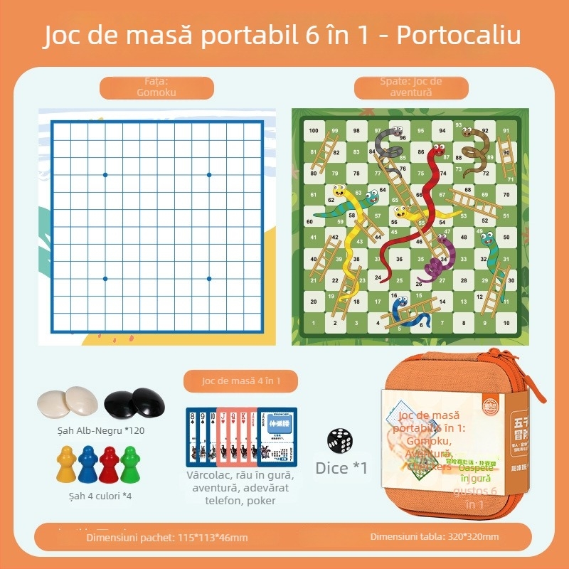 Set portabil 6-în-1 pentru copii de la Yulefang: Flying Chess, Gomoku, Jungle Chess, Checkers, Chinese Chess; piese din plastic, geantă inclusă, joc interactiv de puzzle