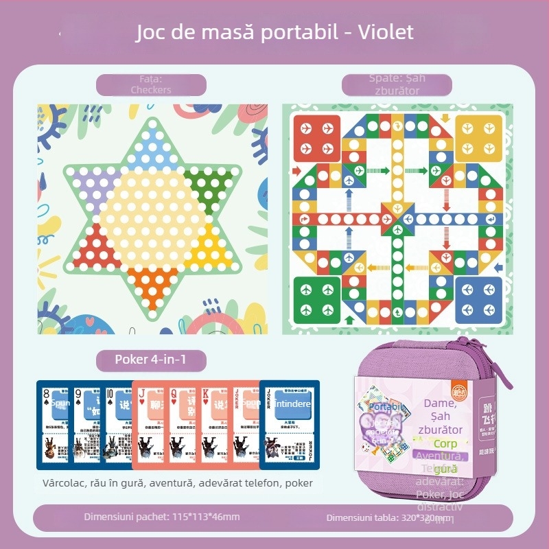 Set portabil 6-în-1 pentru copii de la Yulefang: Flying Chess, Gomoku, Jungle Chess, Checkers, Chinese Chess; piese din plastic, geantă inclusă, joc interactiv de puzzle