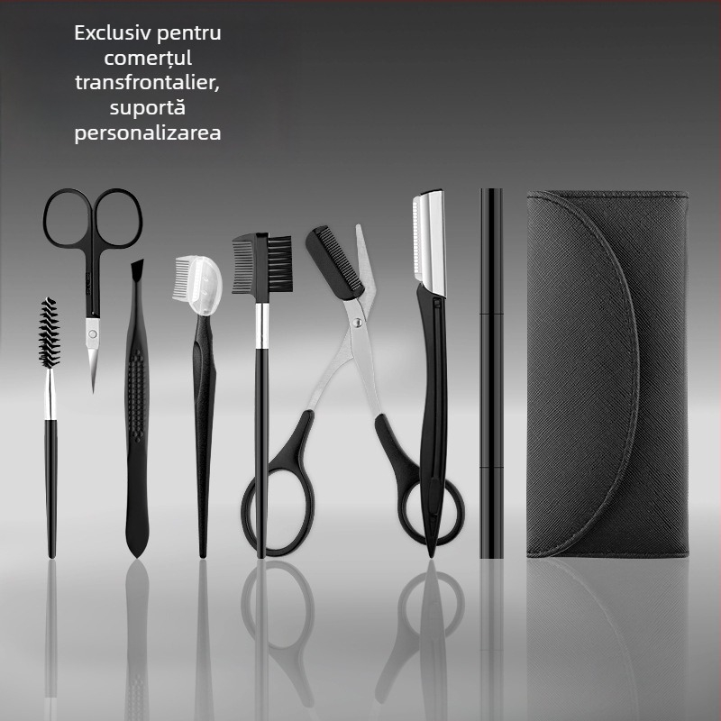 Set de îngrijire a sprâncenelor, 8 piese, pliabil, pentru începători — lamă pentru sprânene, foarfecă pentru sprânene, clips pentru sprânene și pensetă